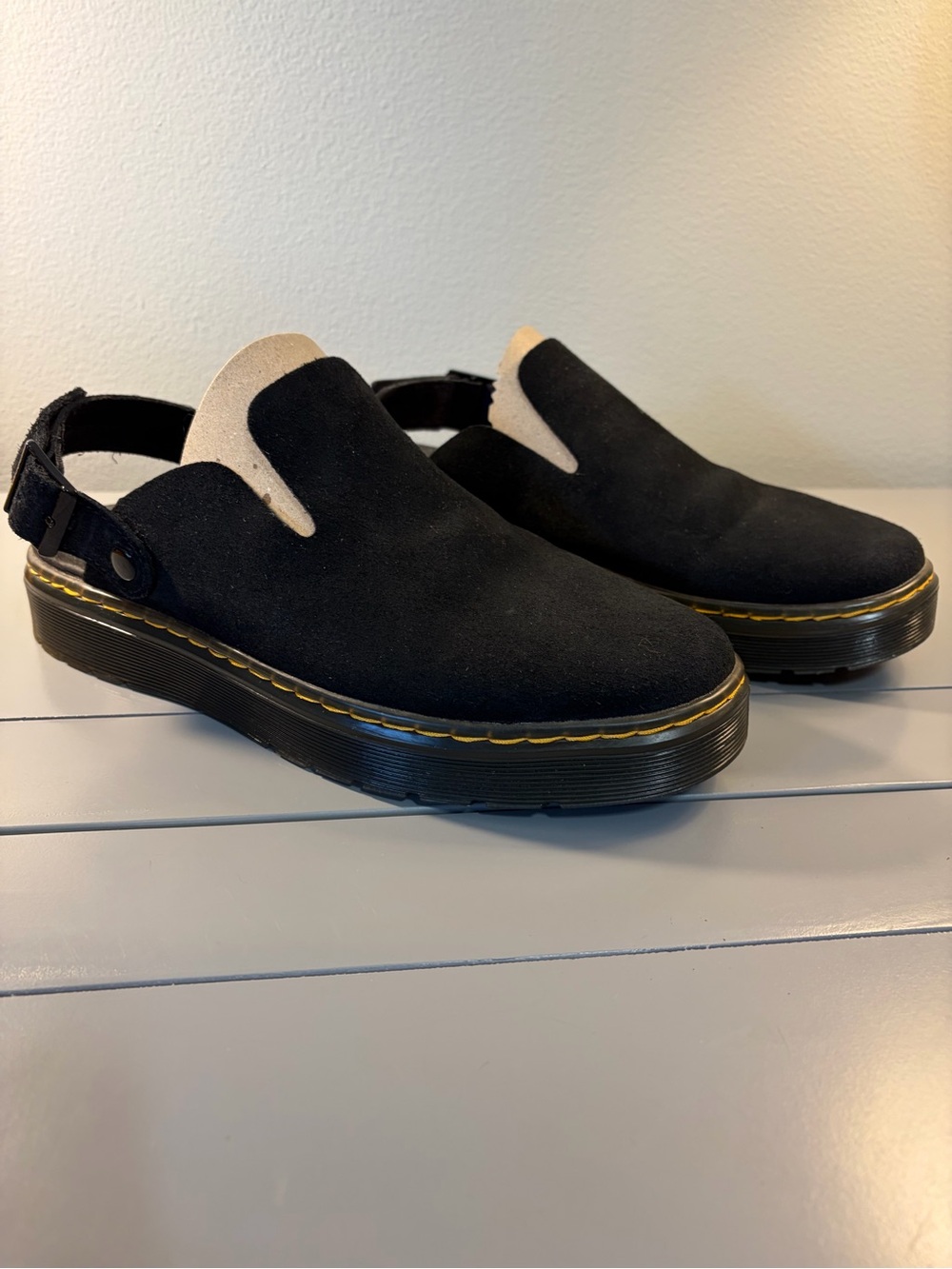 Dr. Martens Black Suede Slingback Clogs with Yellow Stitching